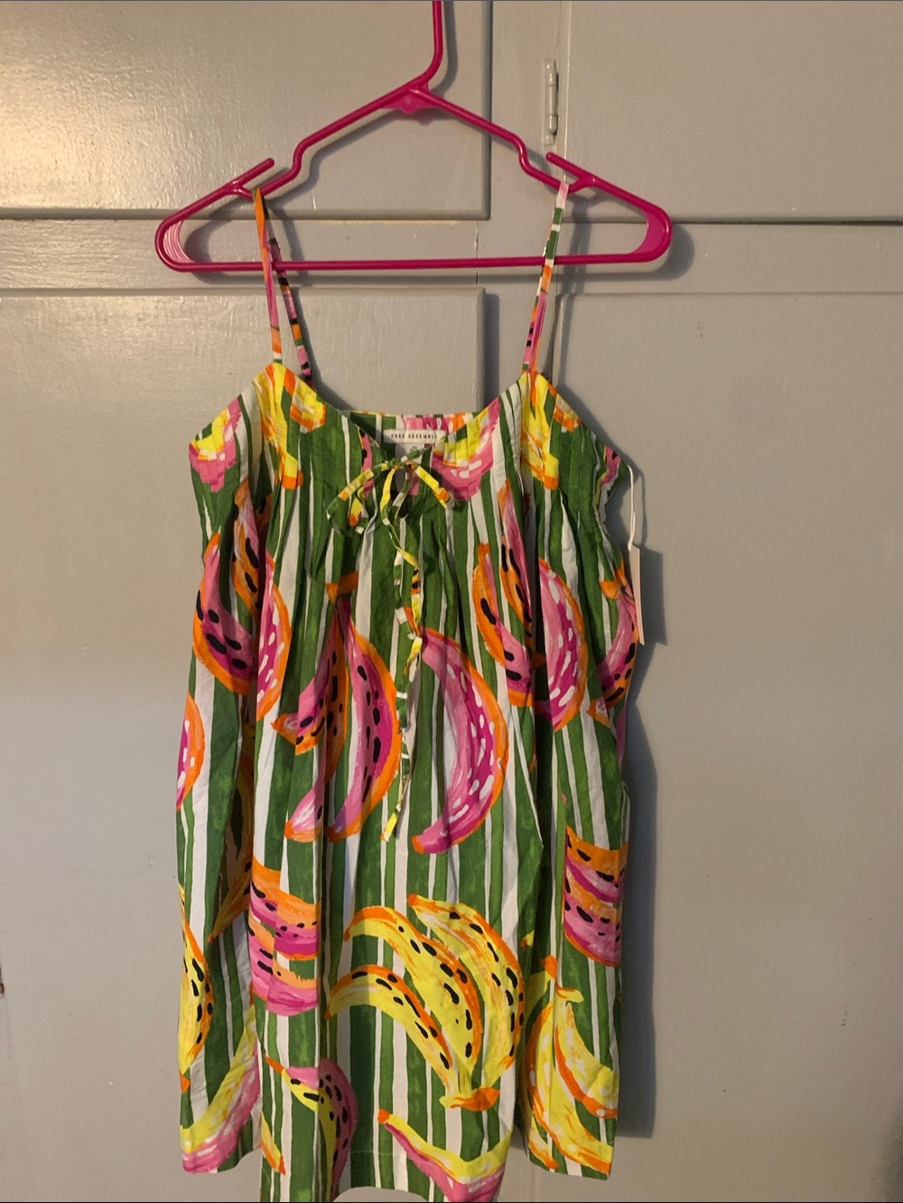Women Green Stripe Tropical Fruit Sundress - Pink & Yellow Accents